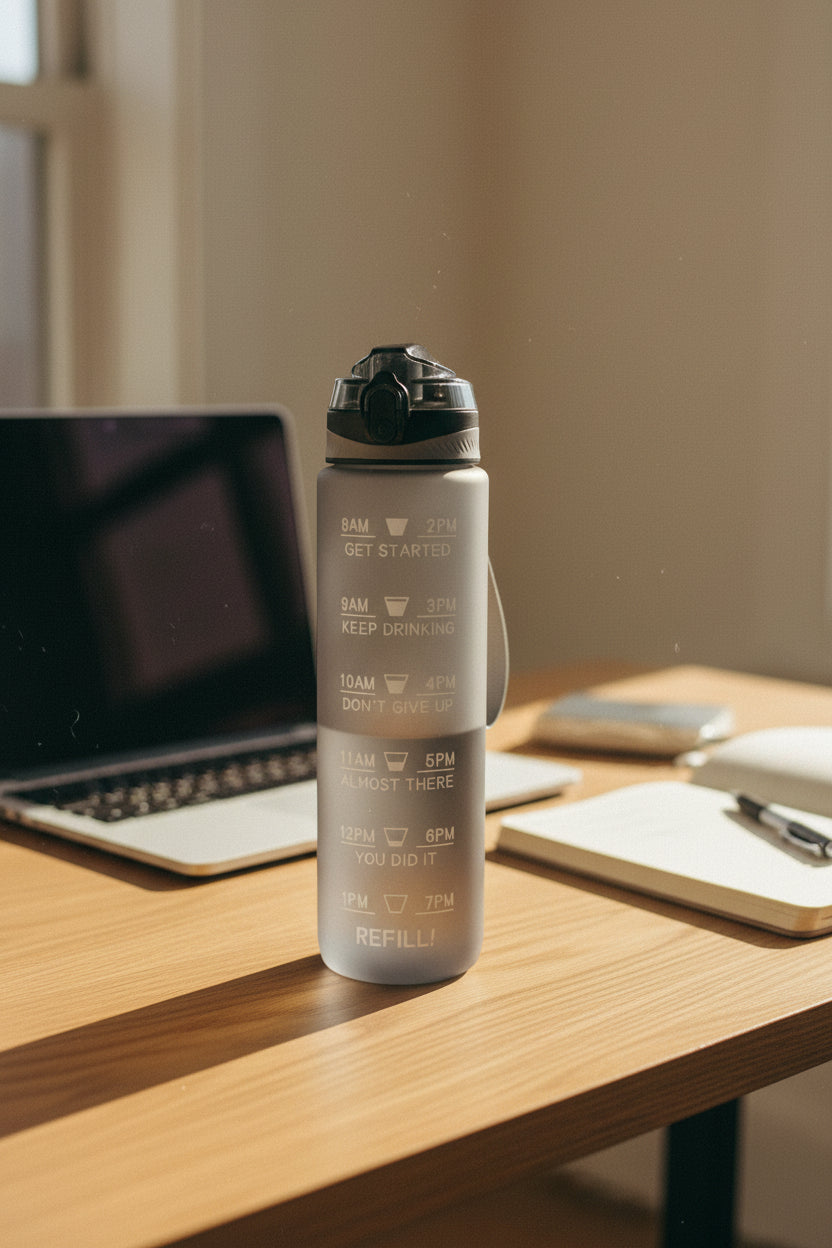 Nudge Time Marker frosted-clear bottle with black leakproof straw lid