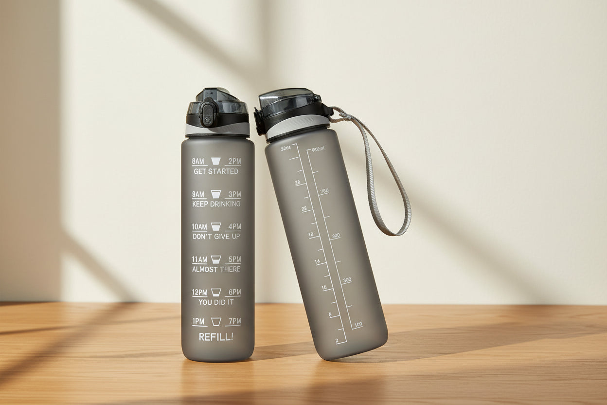 Nudge Time Marker 32oz water bottle with hourly markers from 8am to 7pm down the side