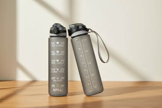 Nudge Time Marker 32oz water bottle with hourly markers from 8am to 7pm down the side
