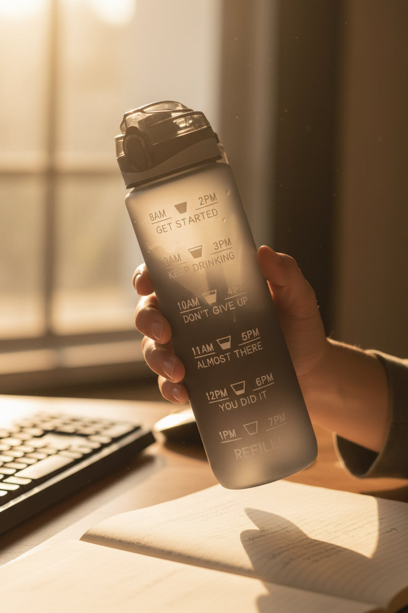 Nudge Time Marker bottle with strap handle and hour markers visible