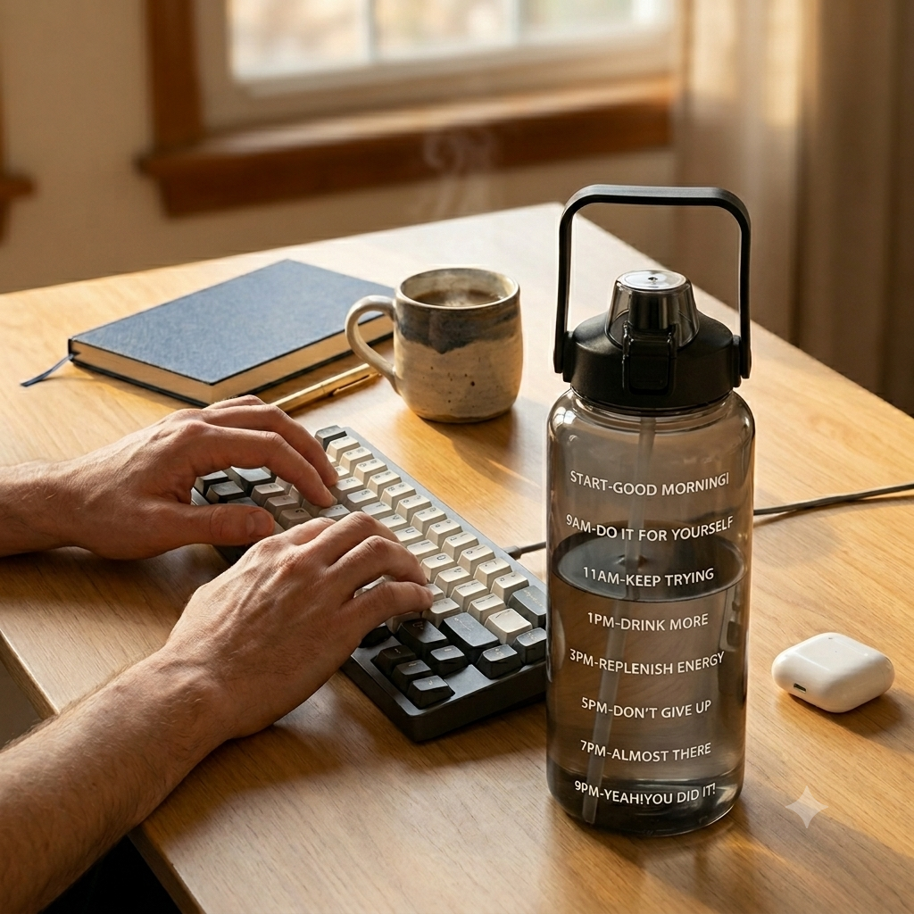Nudge 2L water bottle jug in use showing hourly water level markers