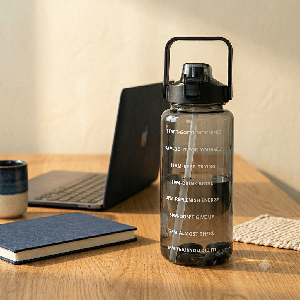 Nudge 2L water bottle jug with time-of-day markers for daily hydration tracking