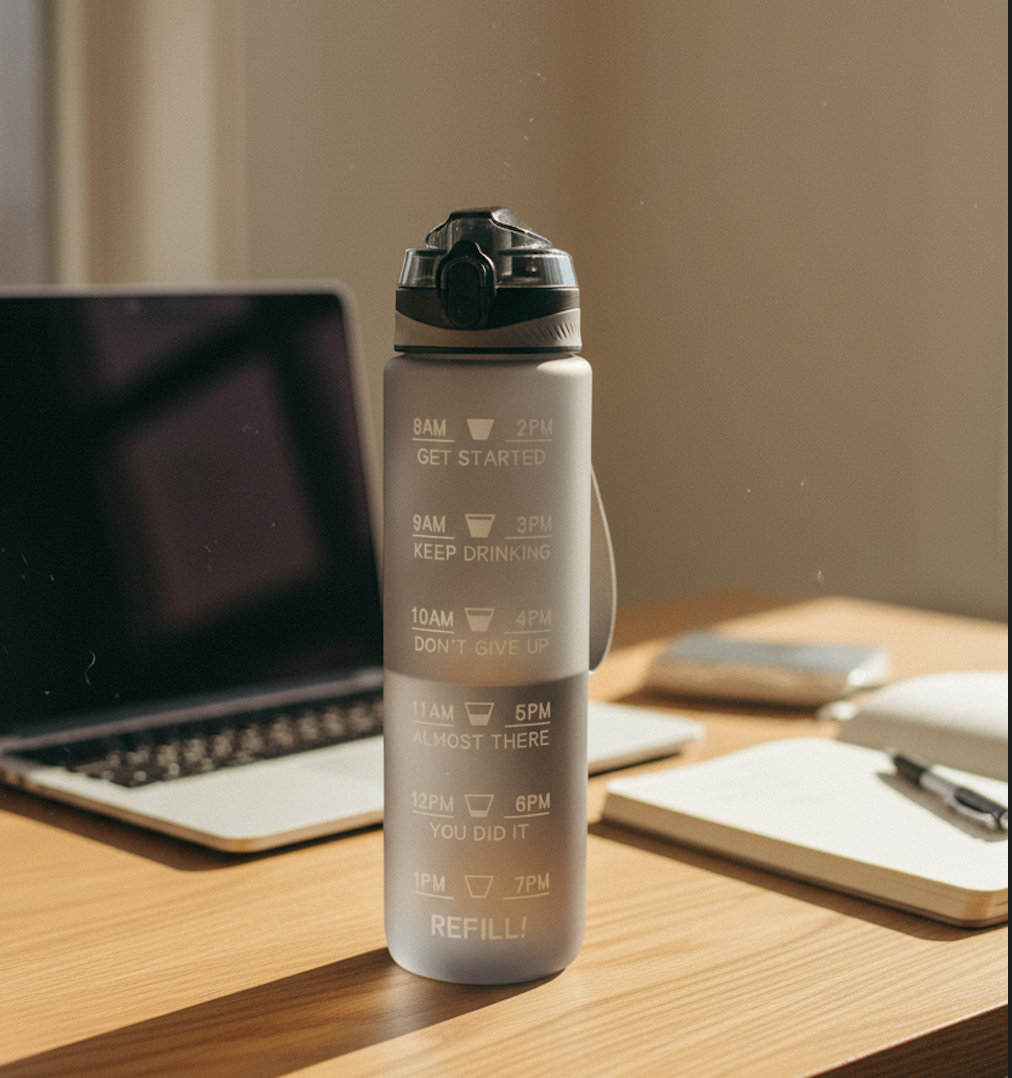 Joe, founder of Nudge, holding a Nudge Time Marker water bottle
